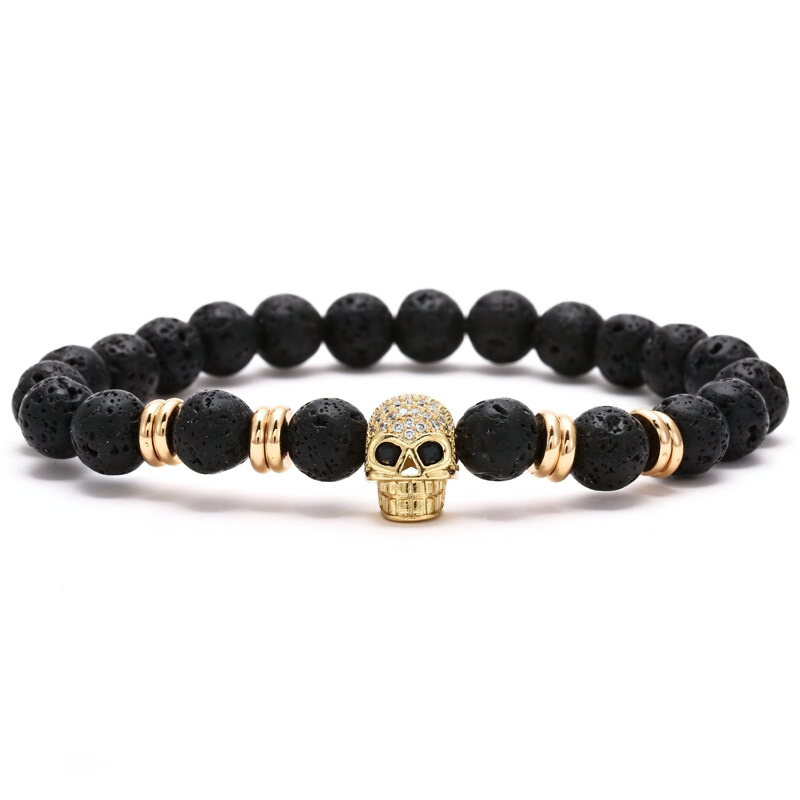 Gothic beads stones bracelet featuring a gold skull head, perfect for unisex rock style fashion.
