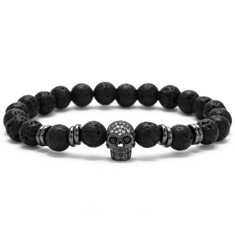 Gothic beads bracelet with skull head accent, stylish unisex rock jewelry, perfect for adding a dark edge to any outfit.