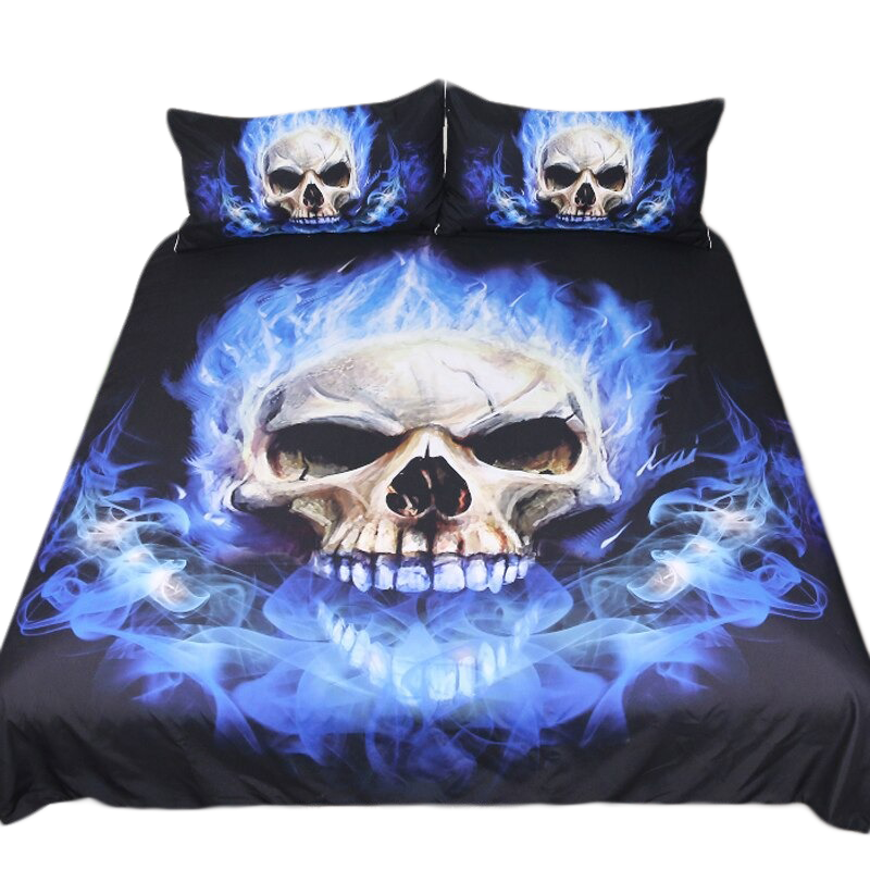Gothic bedclothes set featuring blue flame skull print, perfect for trendy home decor and gifts.
