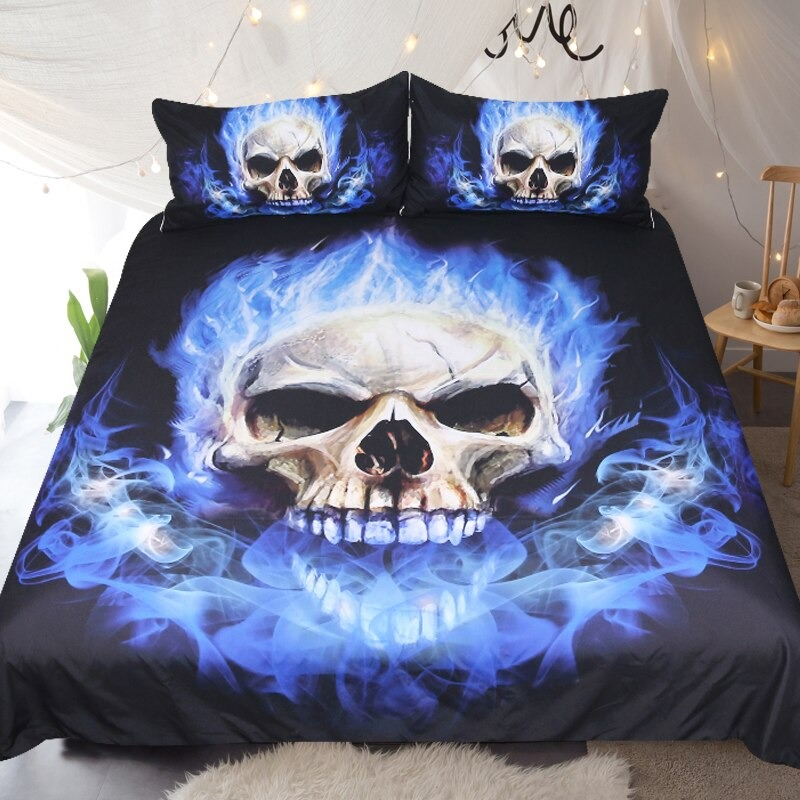 Gothic bedclothes set featuring a skull design with blue flames, perfect for trendy home decor.