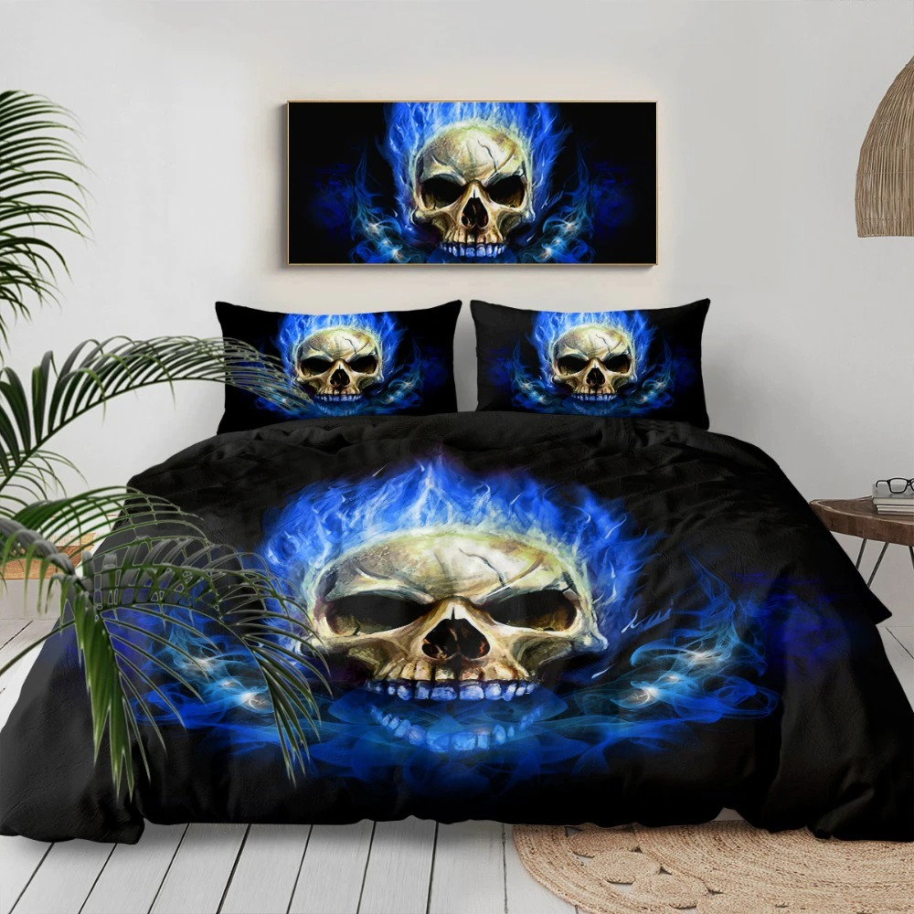 Gothic bedclothes set featuring bold blue skull print, perfect for trendy home decor.