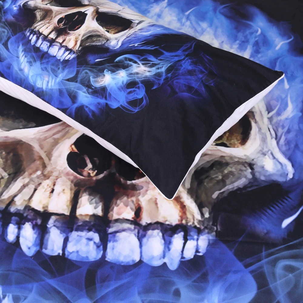 Gothic bedclothes set featuring blue skull print with smoky design, perfect for a trendy home aesthetic.