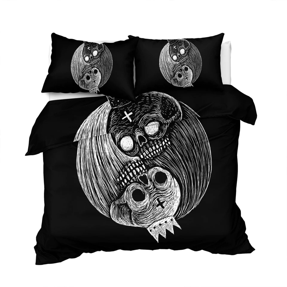 Gothic bedding set featuring moon and skull print, perfect for unique bedroom decor.