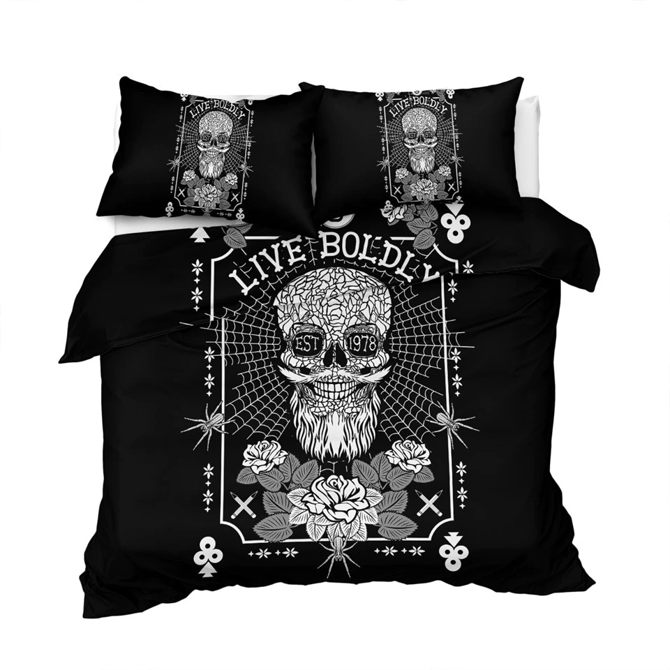 Gothic bedding set featuring a skull and floral design with the phrase 'Live Boldly' for a stylish dark decor.