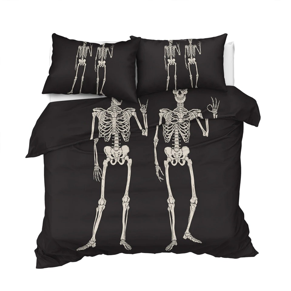 Gothic bedding set featuring skeleton print on black duvet and pillow covers, perfect for a stylish bedroom decor.