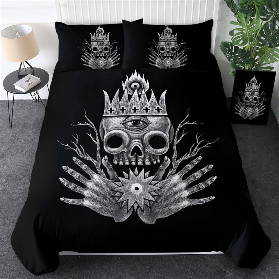 Gothic bedding set featuring skull print, black duvet cover with crown and hands, perfect for stylish home decor.