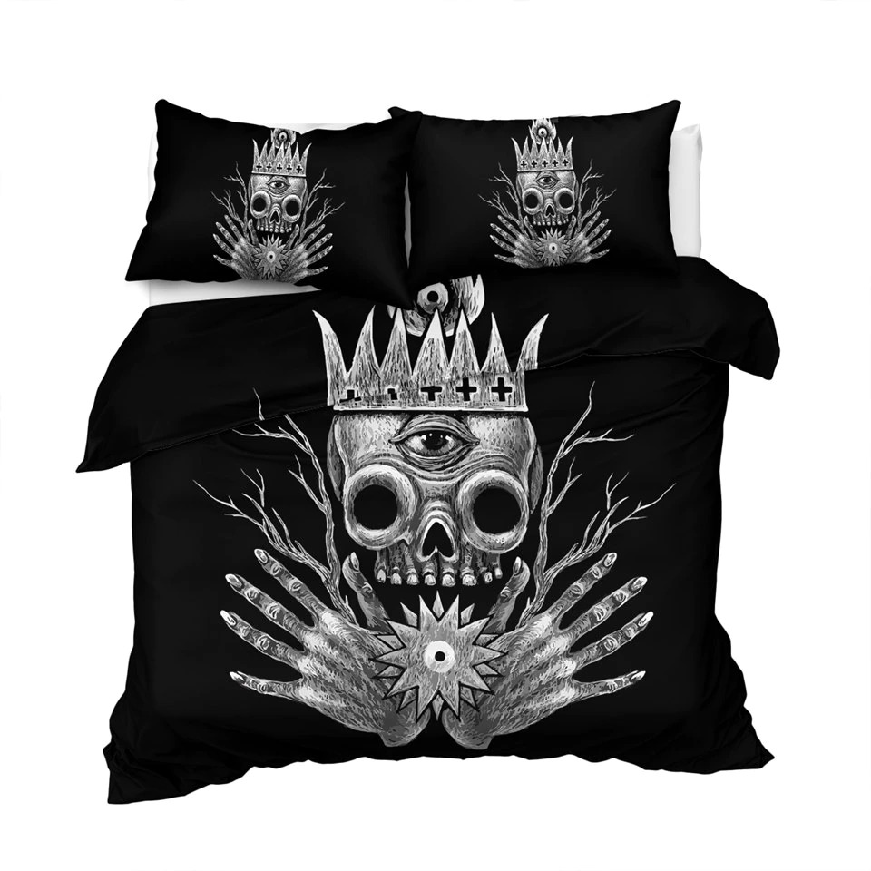 Gothic bedding set with skull and crown print, featuring intricate black and white design, perfect for a stylish bedroom.