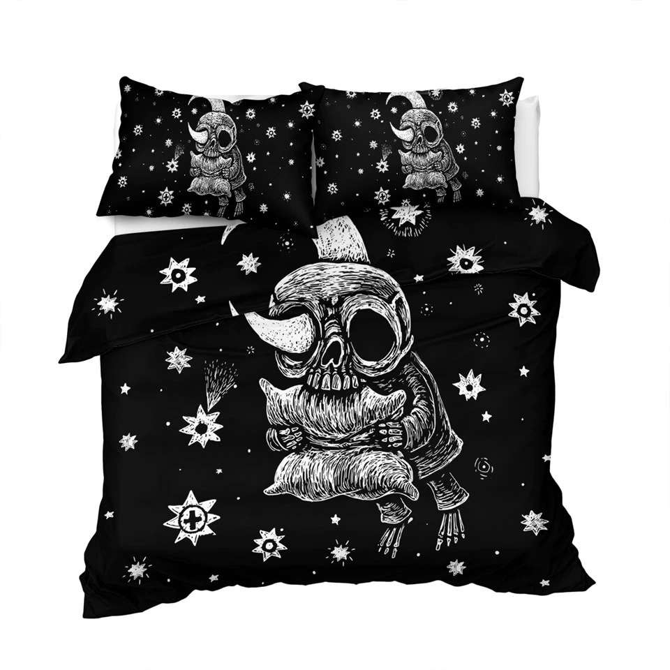 Gothic bedding set featuring a skull and moon design, perfect for a unique bedroom decor. King size duvet cover and pillow cases.