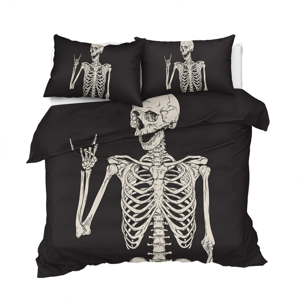 Gothic bedding set featuring skeleton print on black duvet cover and pillowcases, perfect for dark decor lovers.