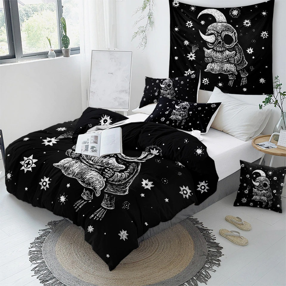 Gothic bedding set featuring skull and moon print in black; includes duvet cover and decorative pillows.