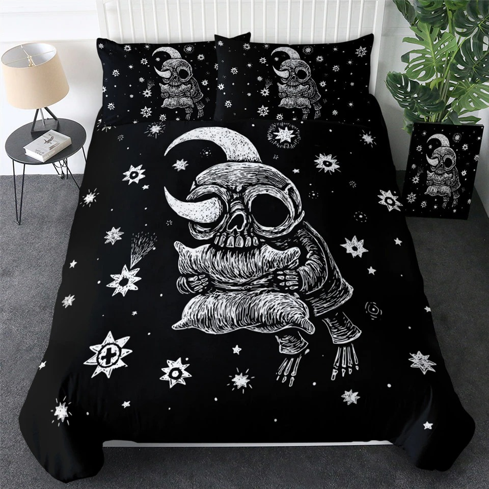 Gothic bedding set featuring a skull and moon design, perfect for stylish bedroom decor in king size.