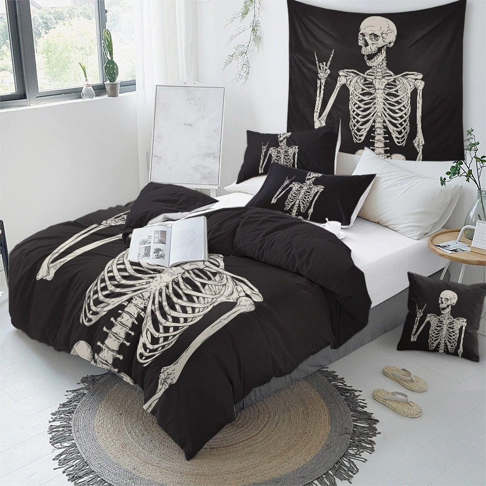 Gothic skeleton bedding set with black duvet cover and pillows, perfect for a stylish bedroom decor.