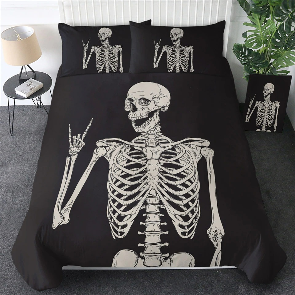 Gothic bedding set with skull print featuring skeleton design on black duvet cover, perfect for Halloween decor.