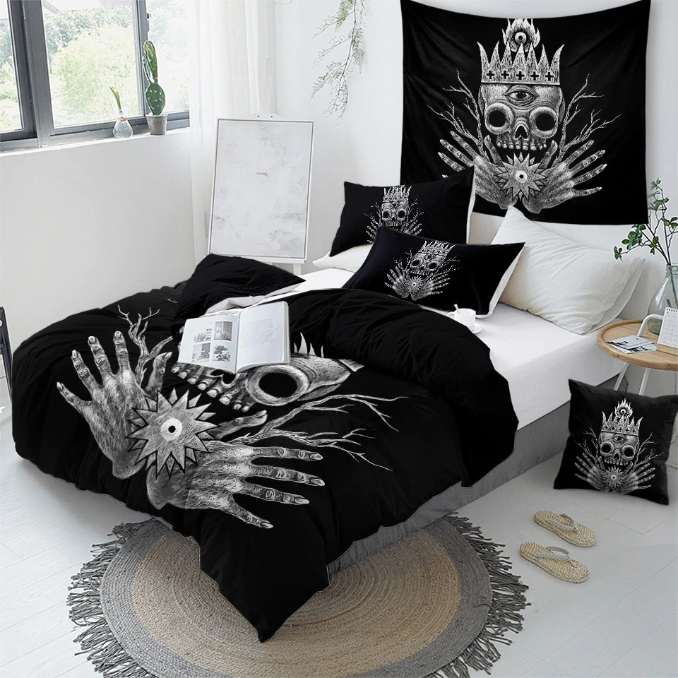 Gothic bedding set featuring a striking skull and hand design, perfect for adding dark elegance to your bedroom decor.