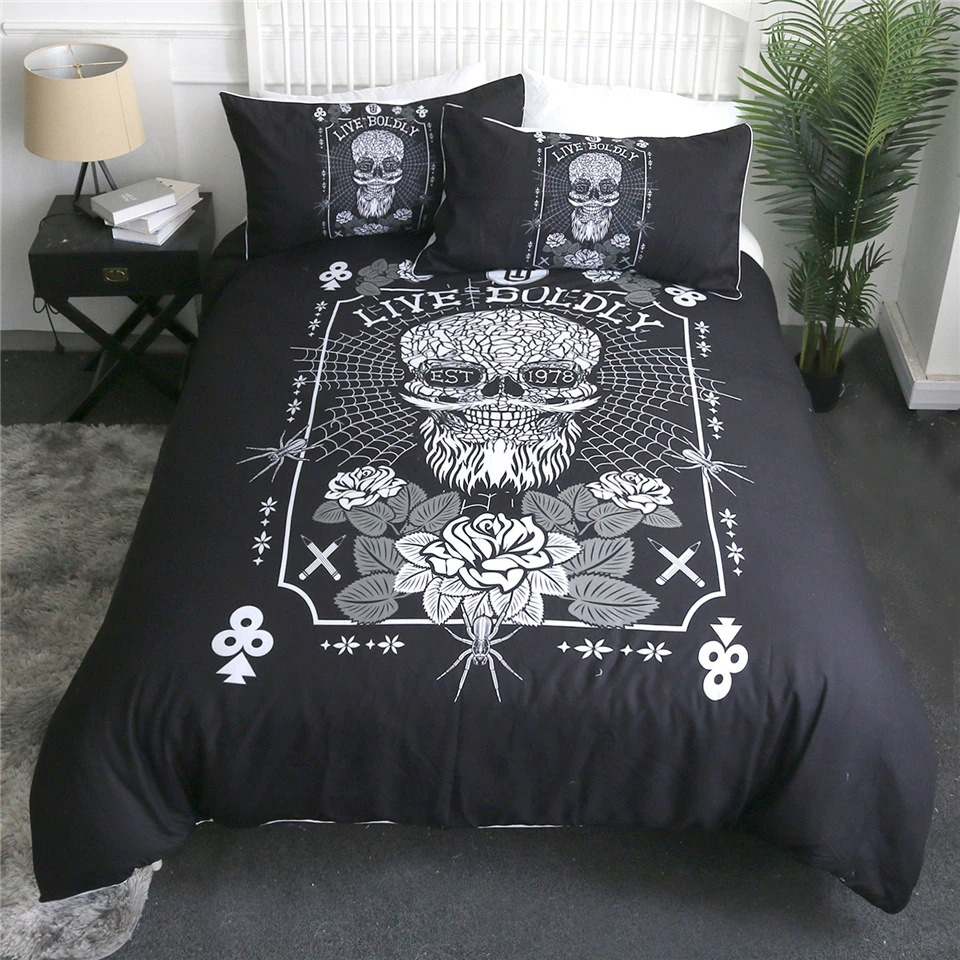 Gothic bedding set with skull and rose print in black, featuring 'Live Boldly' text, perfect for stylish decor.