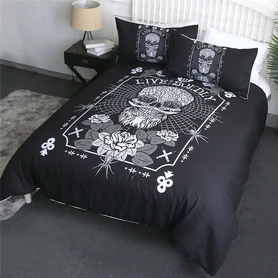 Gothic bedding set featuring skull and rose design, perfect for stylish bedroom decor.