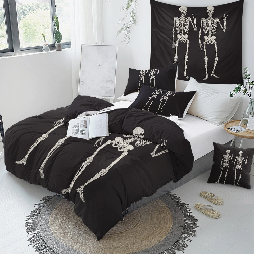 Gothic skeleton bedding set with skull print in stylish bedroom decor, featuring black duvet cover and accent pillows.