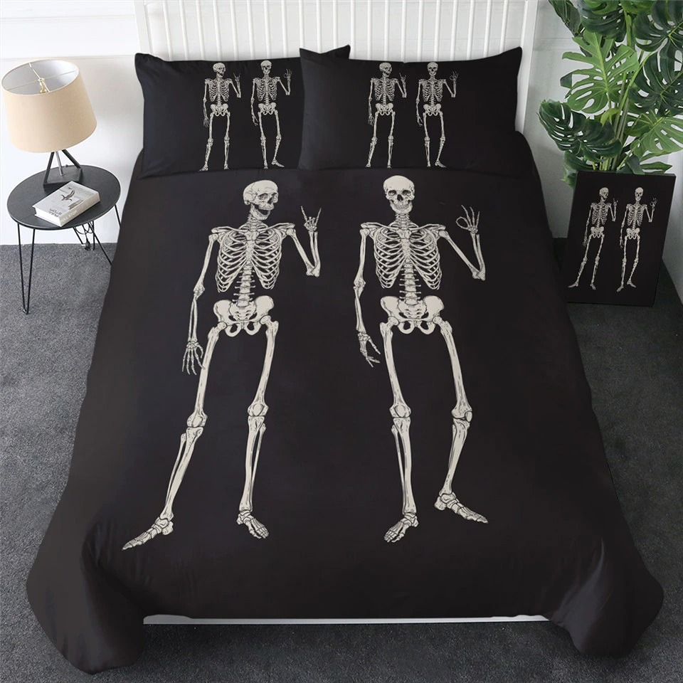 Gothic bedding set featuring skeleton print on black duvet cover and pillowcases, perfect for spooky home decor.