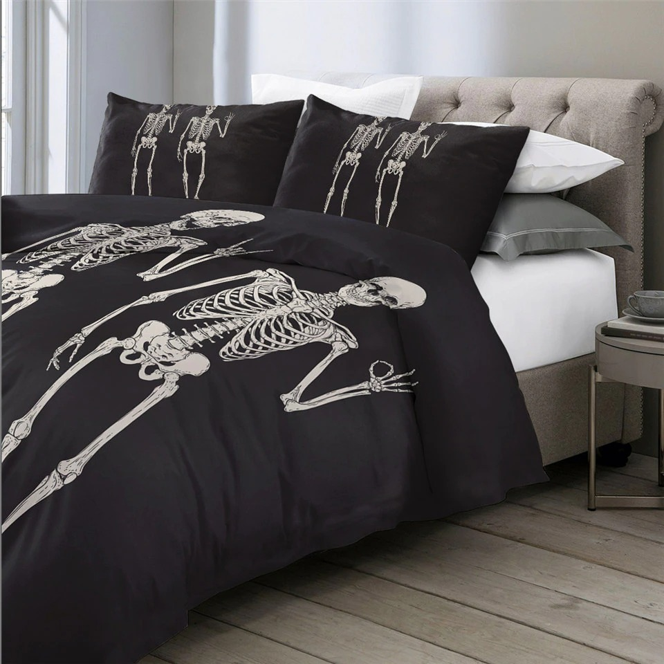 Gothic bedding set featuring a skeleton print on a black duvet cover and matching pillowcases, ideal for spooky decor.