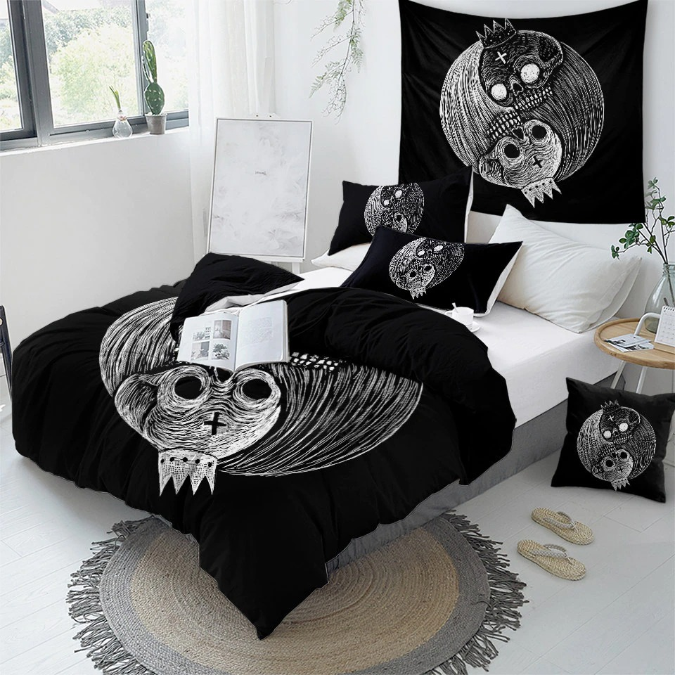 Gothic bedding set featuring a skull and moon design, perfect for trendy home decor, including pillows and throw.