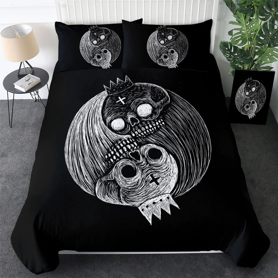 Gothic bedding set featuring skull prints and a black design, ideal for stylish bedroom decor.