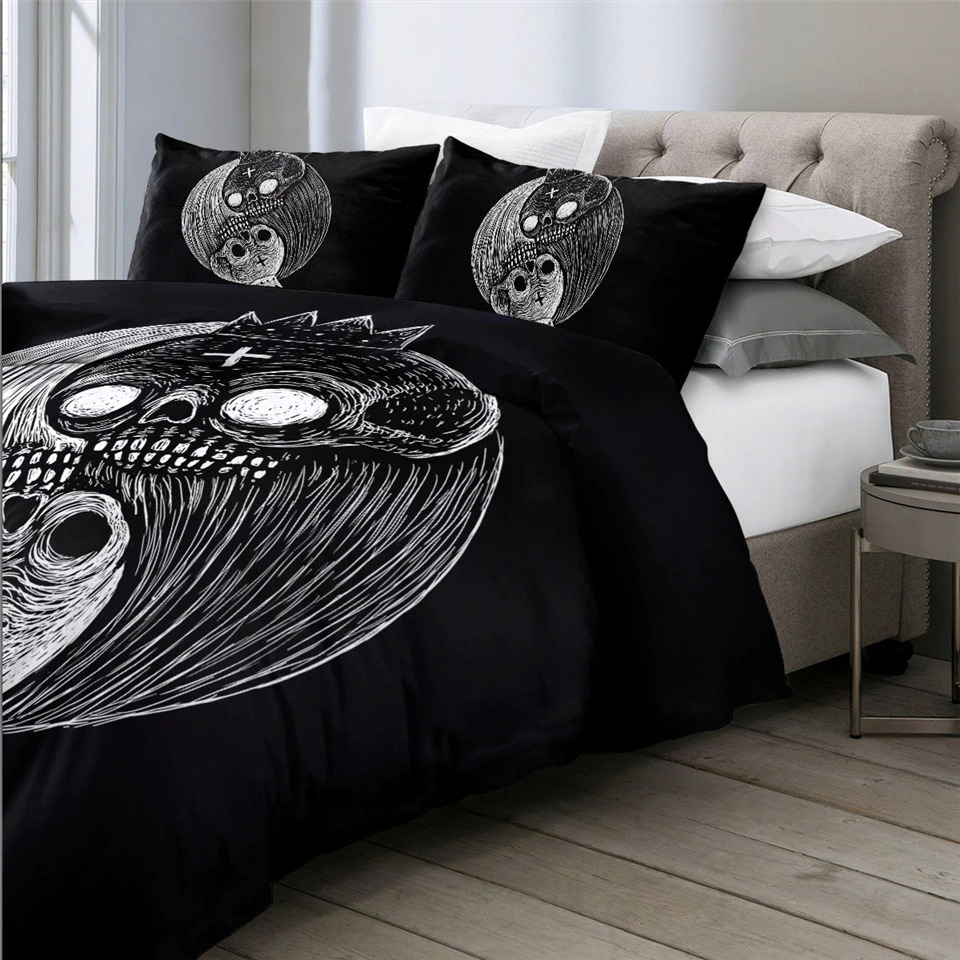 Gothic bedding set featuring skull and moon design on black duvet cover and pillows, perfect for stylish decor.