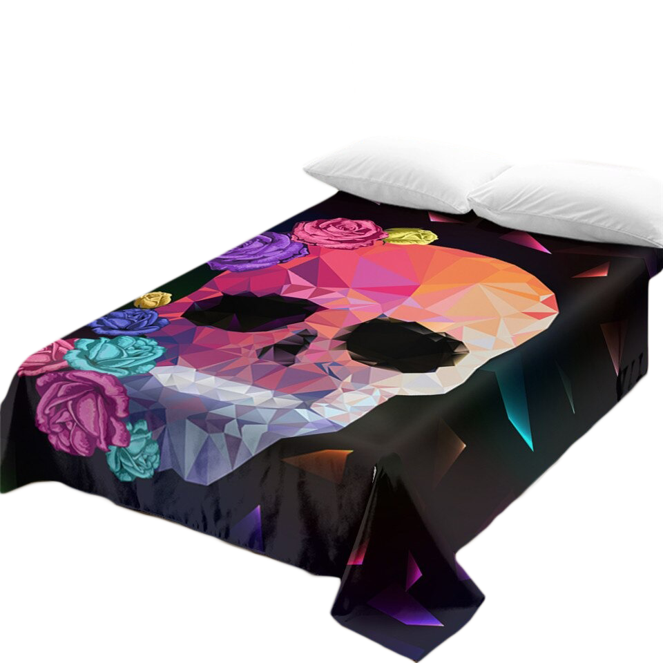 Gothic bedspread featuring a vibrant skull print with colorful flowers, perfect for stylish vintage bedding decor.