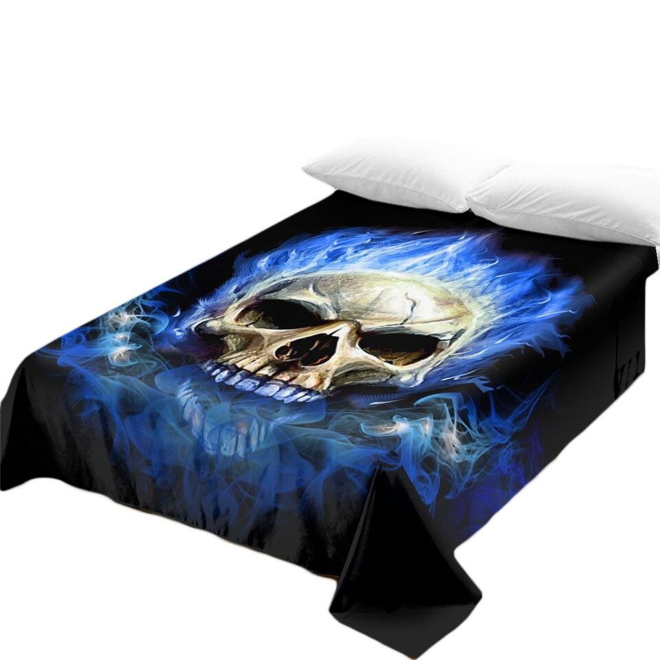 Gothic bedspread featuring a striking skull design with blue flames, perfect for stylish bedding decor.