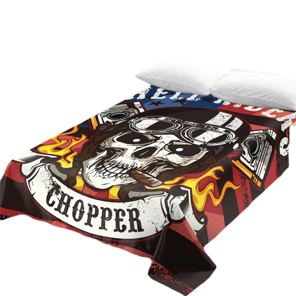 Gothic bedspread featuring a skull design with flames and chopper theme, perfect for stylish home decor.