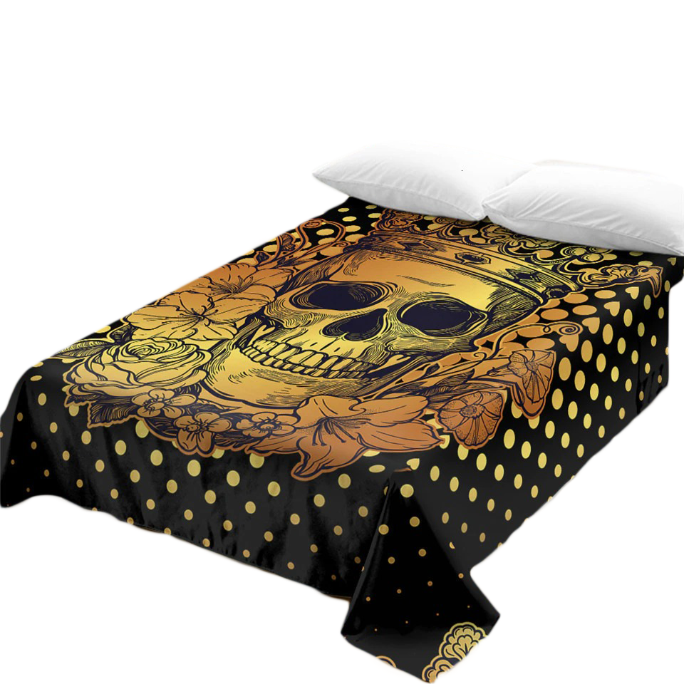 Gothic bedspread featuring a skull and floral design on a polka dot background, perfect for stylish home decor.