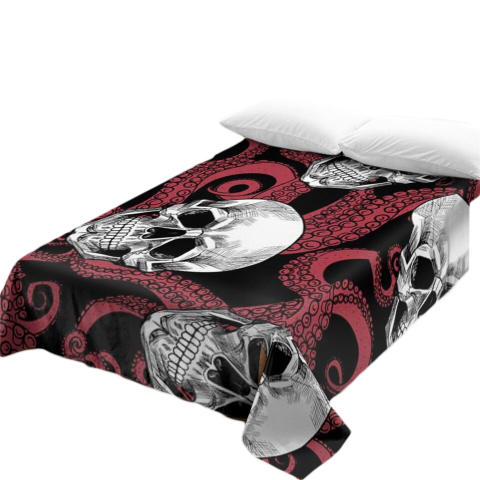 Gothic bedspread featuring a skull print with octopus design, perfect for stylish vintage bedding decor.