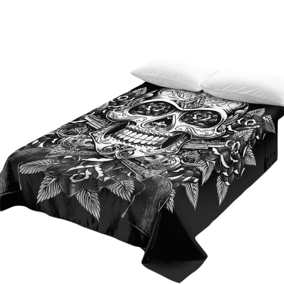 Gothic bedspread featuring a stylish skull print with floral details, perfect for vintage soft bedding decor.