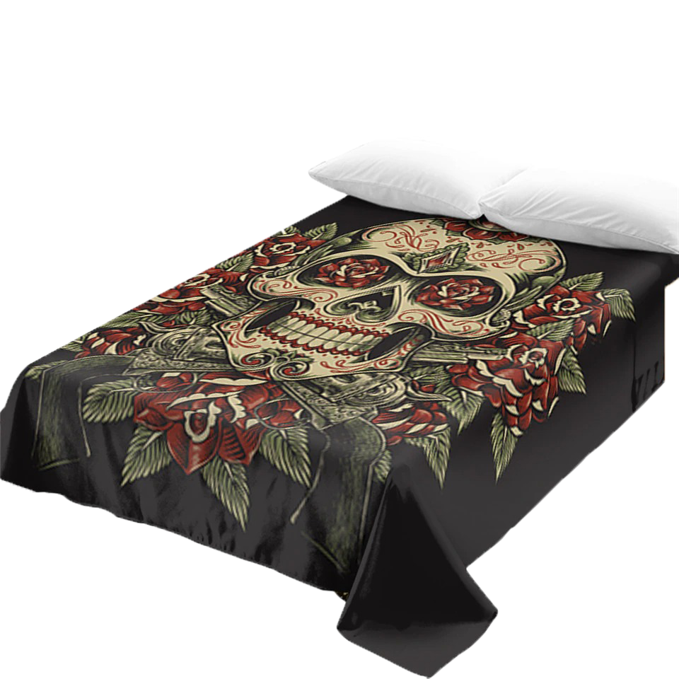 Gothic bedspread featuring skull and flower print, perfect for stylish vintage bedding decor.