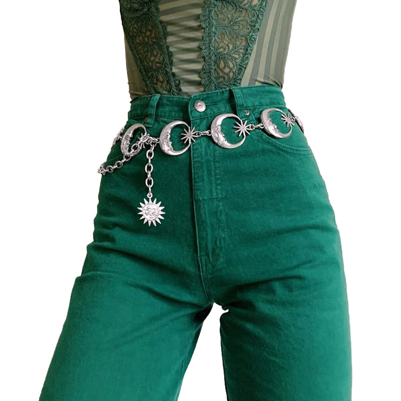 Gothic metallic high waist belt with moons and chain, perfect accessory for vintage-inspired outfits.