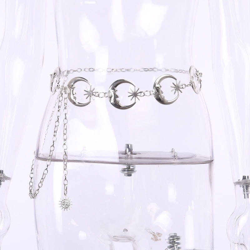 Gothic metallic high waist belt with moon and star designs, perfect for complementing any outfit.