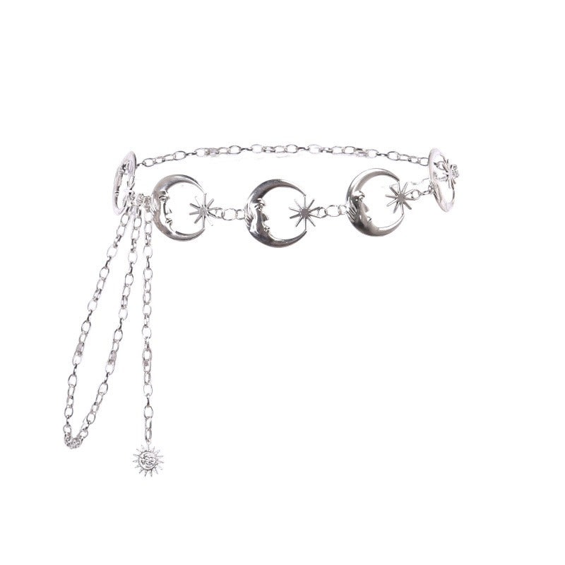 Gothic metallic high waist belt adorned with moon and star charms, perfect for stylish outfits.