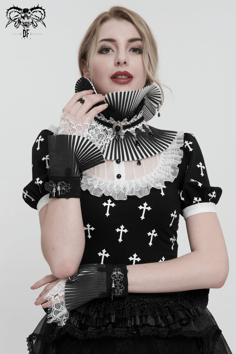 Stylish model wearing Gothic black and white lace pleated fingerless gloves and a ruffled collar, elevating her look.