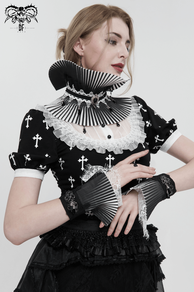Gothic Black And White Lace Pleated Flared Gloves / Women's Fingerless Gloves / Fashion Accessories