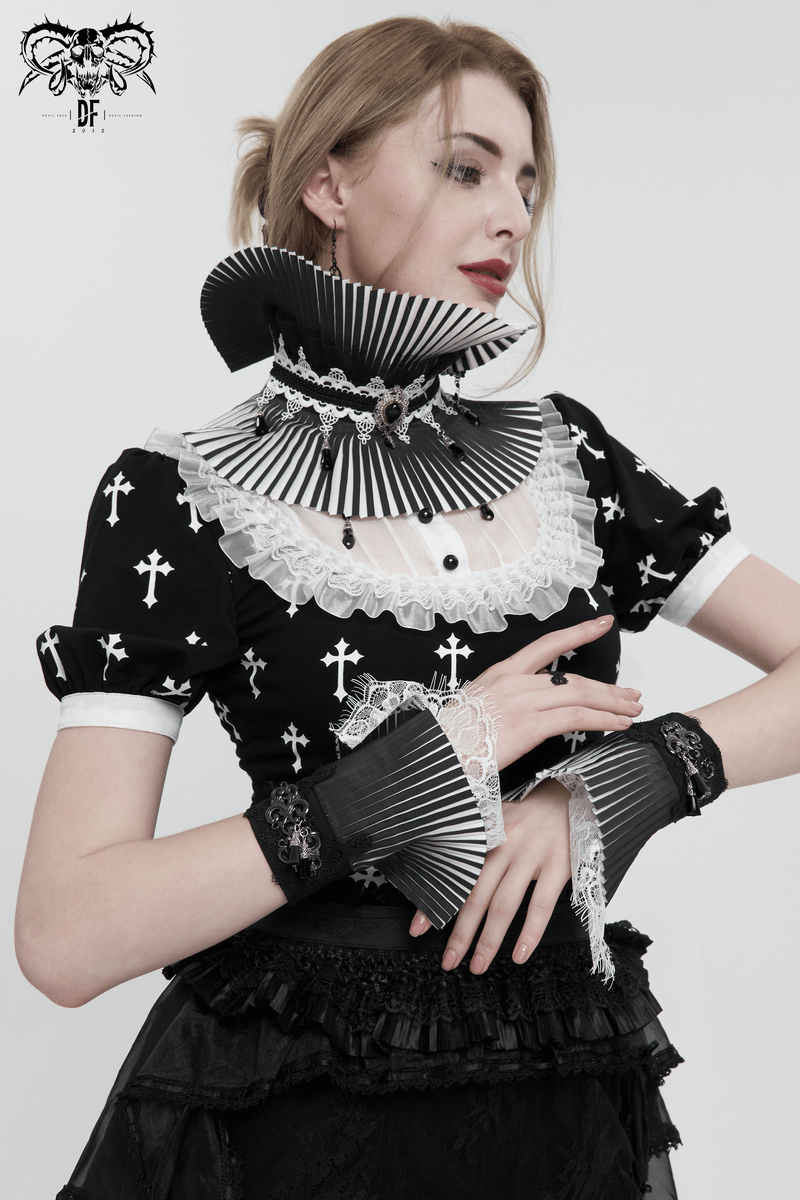 Elegant model showcasing Gothic black and white lace pleated flared fingerless gloves with stylish outfit.
