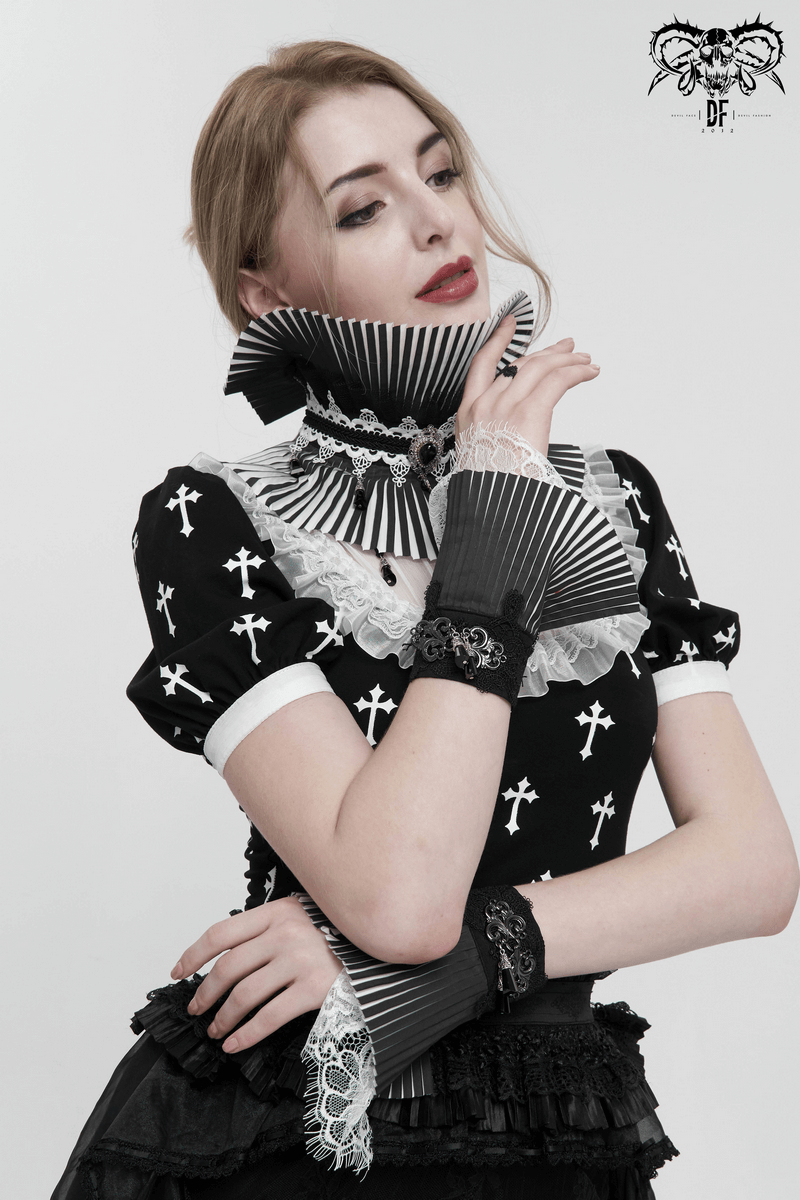 Model wearing Gothic black and white lace pleated gloves with a stylish outfit; elegant accessory for gothic fashion.