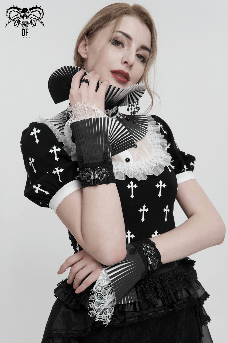 Gothic Black And White Lace Pleated Flared Gloves / Women's Fingerless Gloves / Fashion Accessories