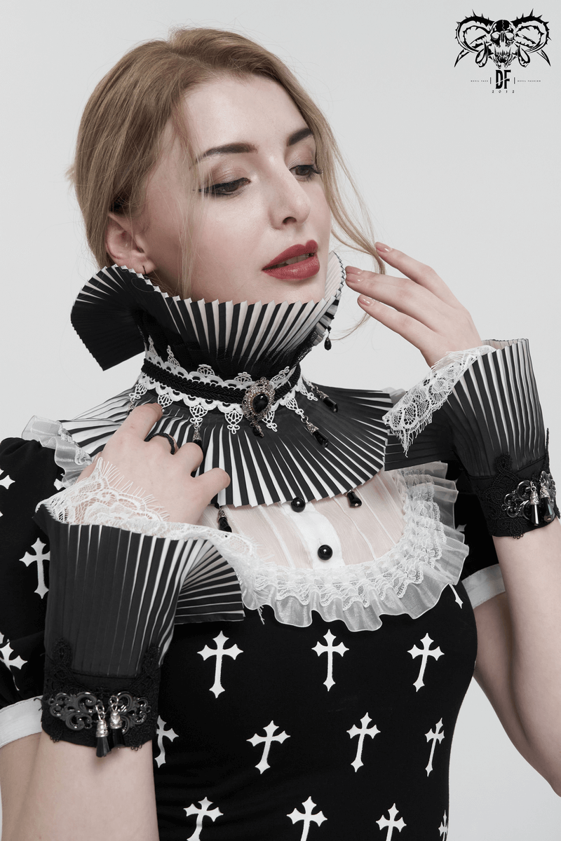Gothic model showcasing black and white lace pleated flared fingerless gloves and matching collar, adding elegance to any outfit.
