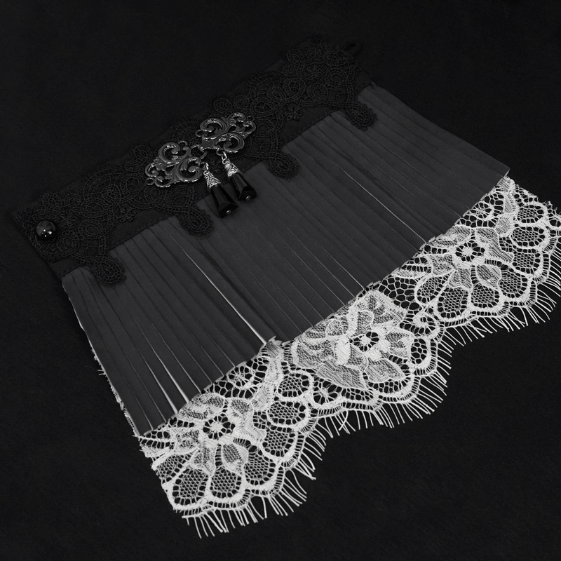 Elegant black and white lace pleated flared gothic fingerless gloves for stylish outfits.