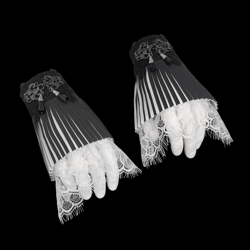 Gothic black and white lace pleated fingerless gloves with elegant design and flared cut for a dramatic look.