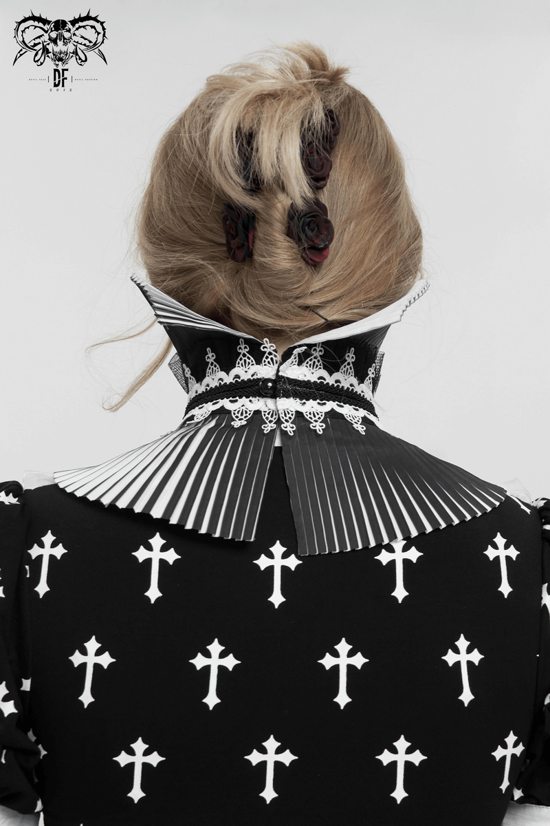 Elegant black and white pleated collar showcasing a gothic design and intricate lace details on a fashionable model.