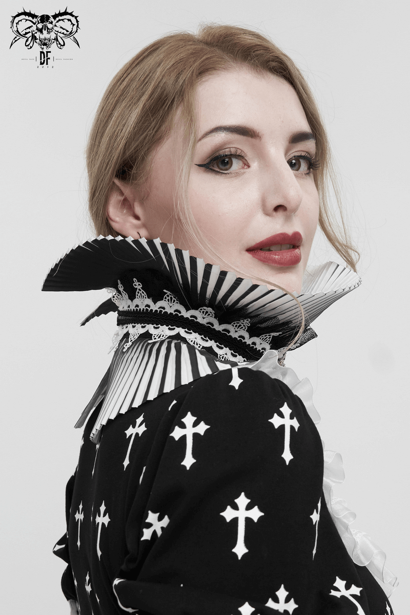 Elegant gothic model showcasing a black and white pleated stand collar with lace detailing, exuding chic fashion.