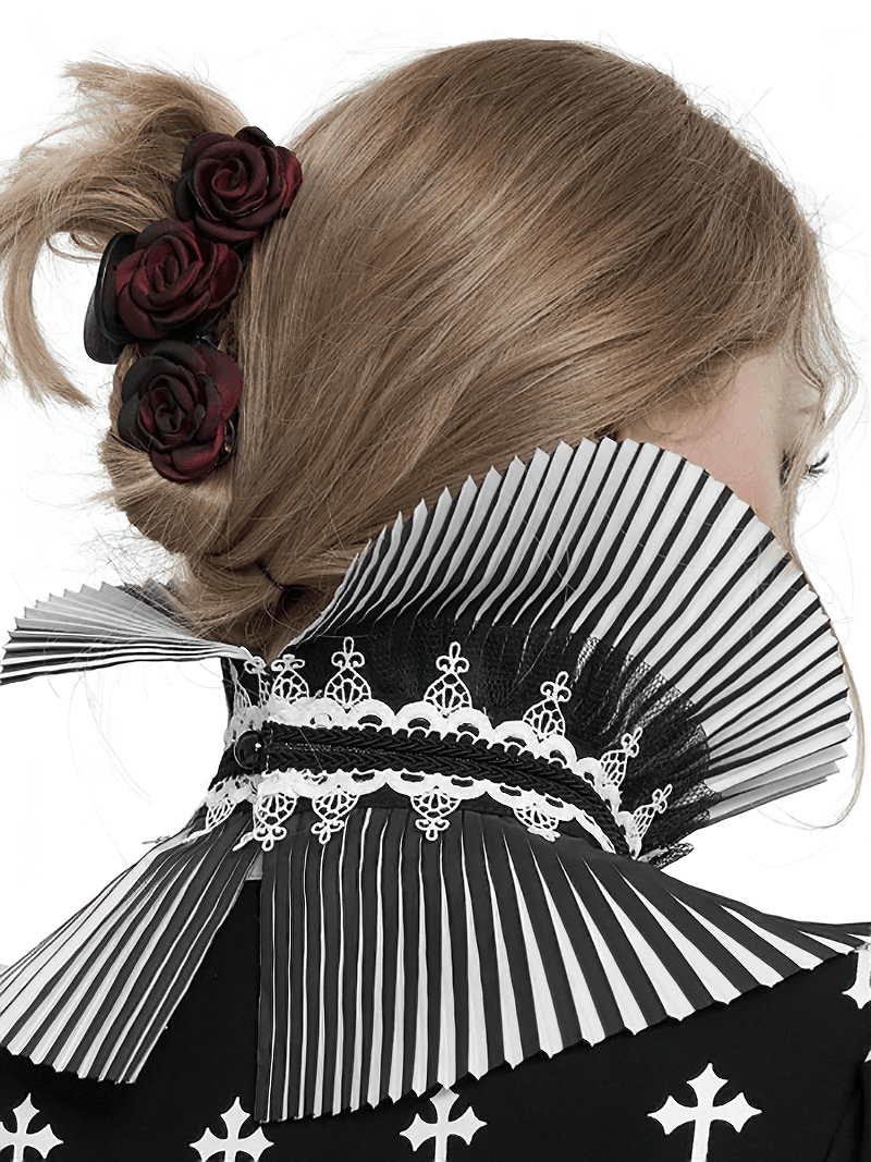 Gothic black and white pleated collar showcasing elegant lace detailing, paired with a stylish rose-adorned hairstyle.