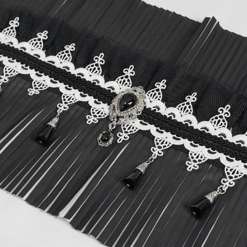 Gothic black and white pleated collar featuring lace trim and elegant beaded accents for a stylish accessory.