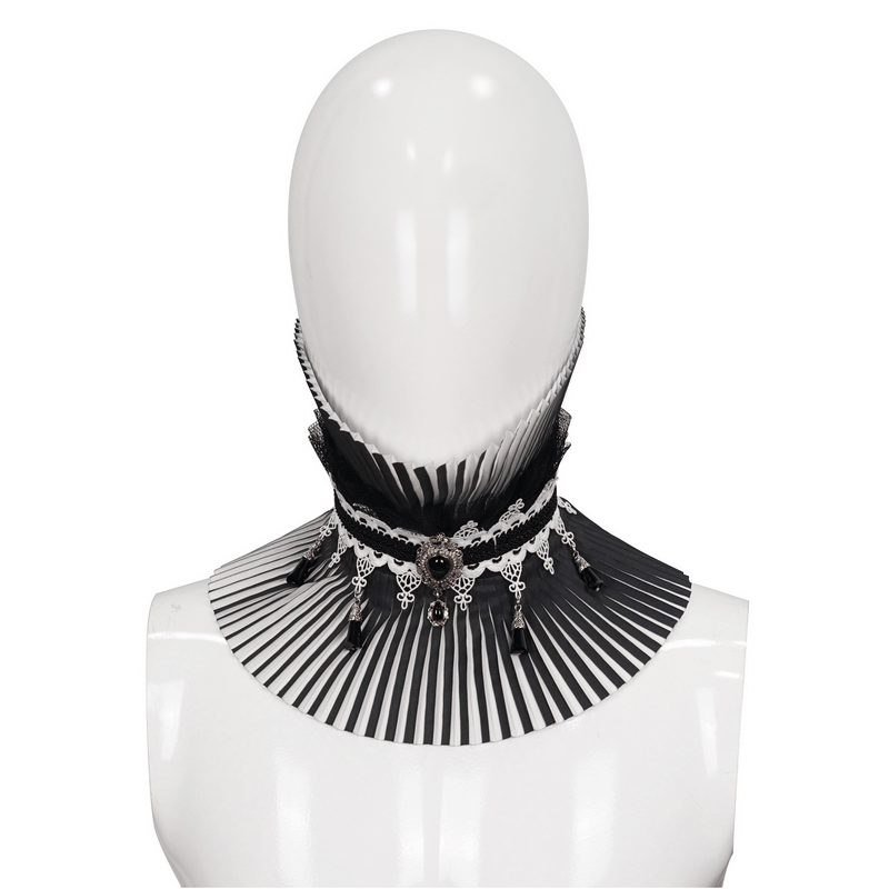 Elegant black and white pleated gothic collar with lace and beaded details, perfect for enhancing your gothic fashion.