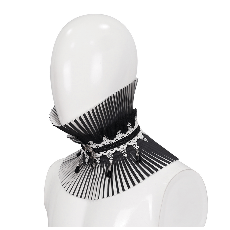 Elegant black and white pleated gothic collar with lace beads for women's fashion.